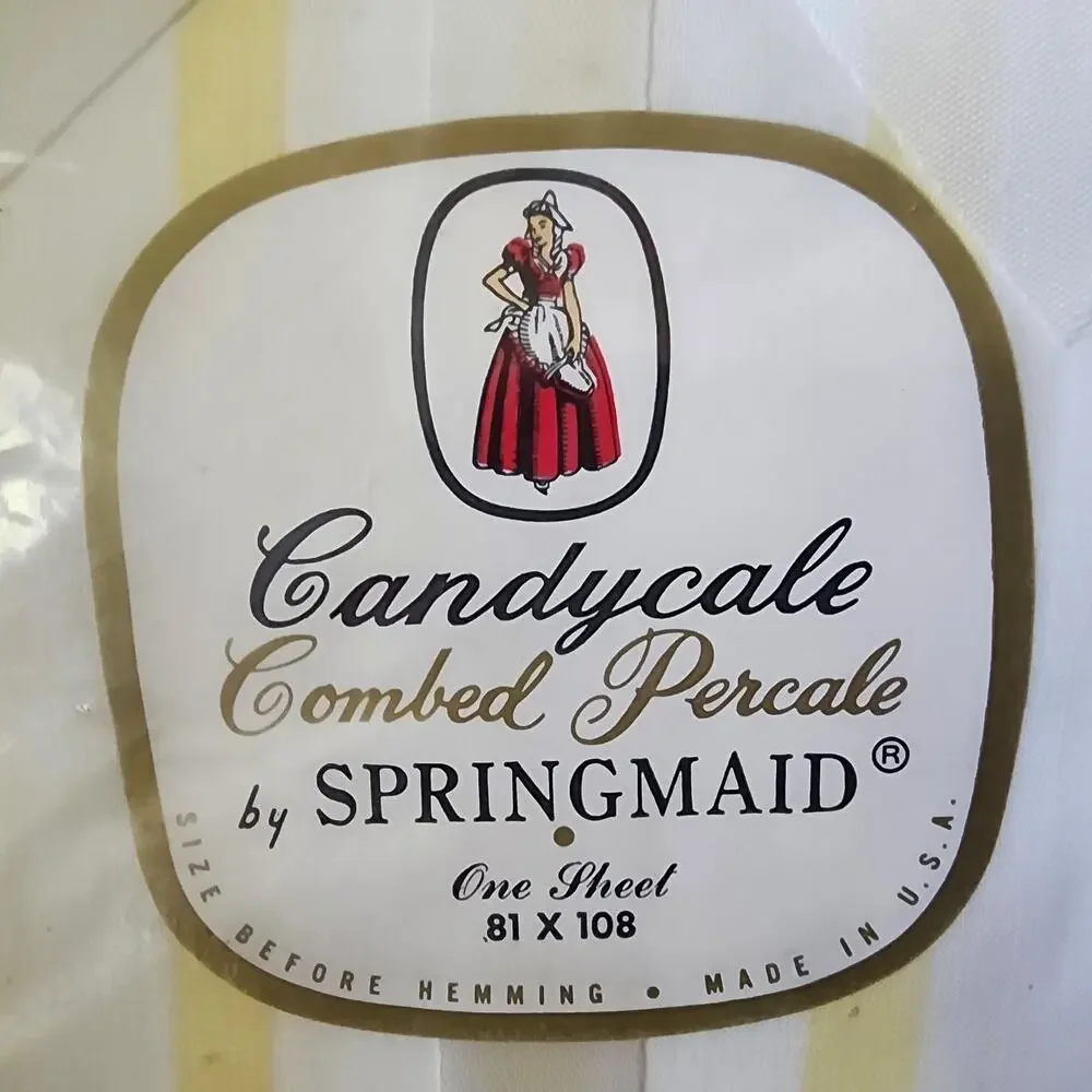 NOS Vintage Springmaid Candycale Combed Percale Flat Sheet 81x108 Yellow White